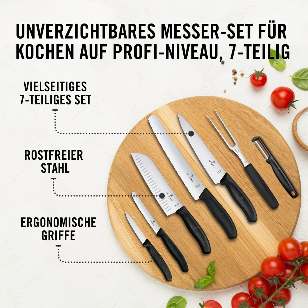 Victorinox Swiss Classic Küchenmesser Set, Kochmesser, 7-teilig, inkl. Santokumesser, Brotmesser, Ge