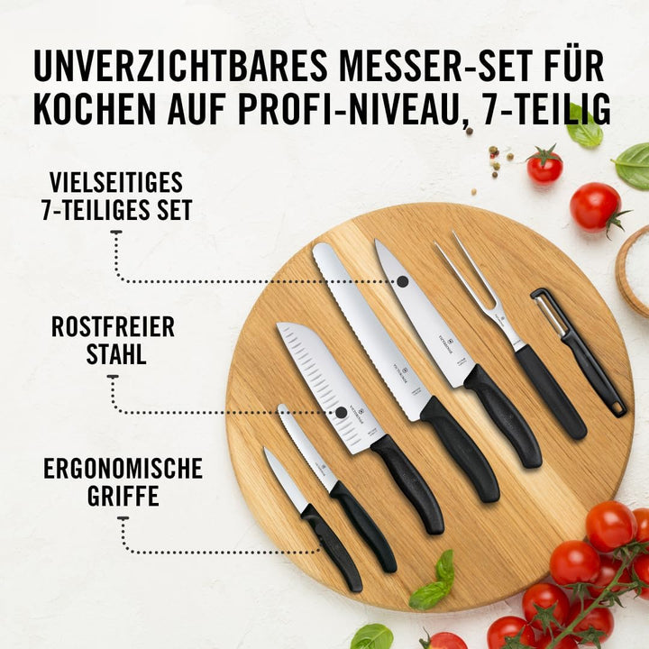 Victorinox Swiss Classic Küchenmesser Set, Kochmesser, 7-teilig, inkl. Santokumesser, Brotmesser, Ge