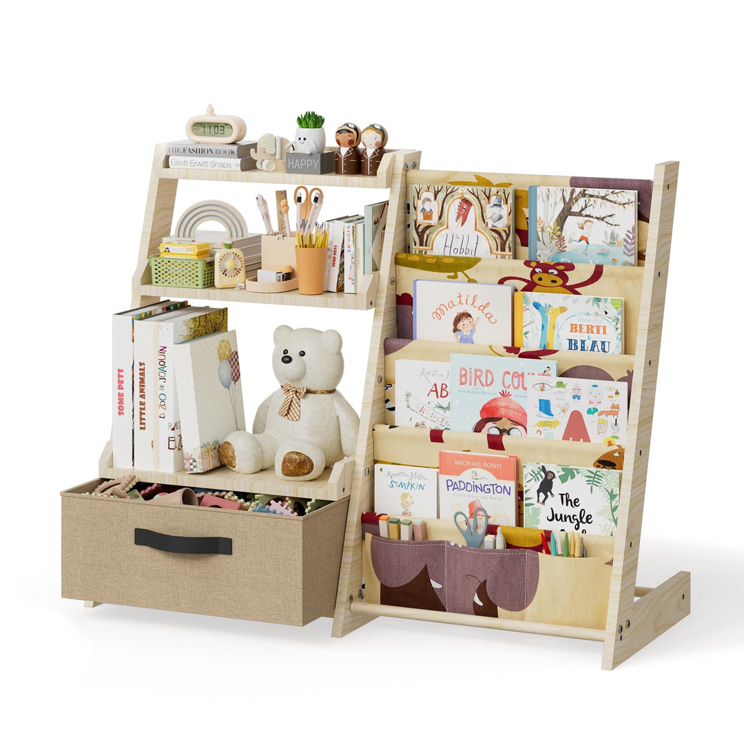 Kinderregal mit Spielzeugorganizer 2-in-1 – Bücherregal aus Holz &amp; Stoff mit 4 Fächern, Schublade &amp;