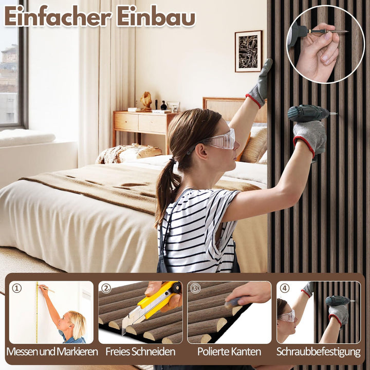 1X Akustikpaneele 120×60cm – 0,72 m² 3D Halbrunde Holzlamellen Wandpaneele auf MDF & Akustikfilz, Mo