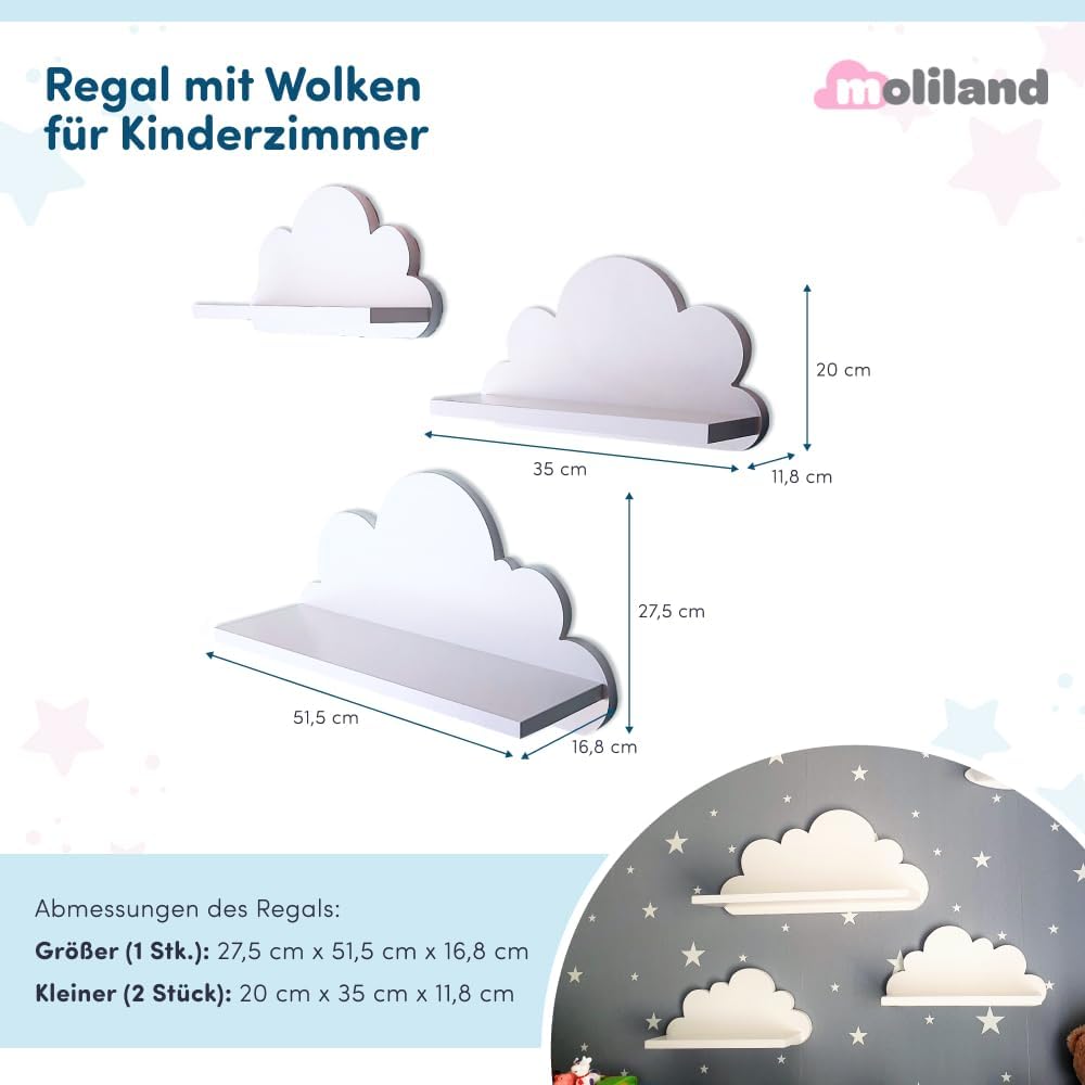 3er Set Wandregal Kinderzimmer Weiss | Babyzimmer Wolkenregal für Bücher, Spielzeug, Dekoration | Re