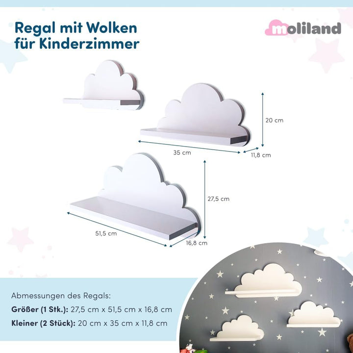 3er Set Wandregal Kinderzimmer Weiss | Babyzimmer Wolkenregal für Bücher, Spielzeug, Dekoration | Re