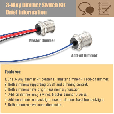 acegoo 12V 3 Weg Dimmschalter Kit, DC 12 Volt LED PWM Dimmer Schalter Edelstahl Stufenloses Dimmen 6