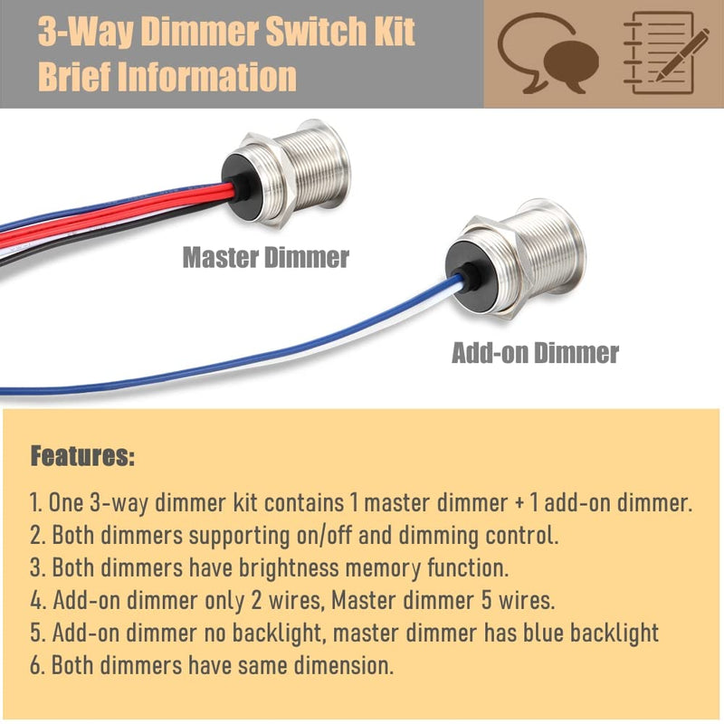 acegoo 12V 3 Weg Dimmschalter Kit, DC 12 Volt LED PWM Dimmer Schalter Edelstahl Stufenloses Dimmen 6