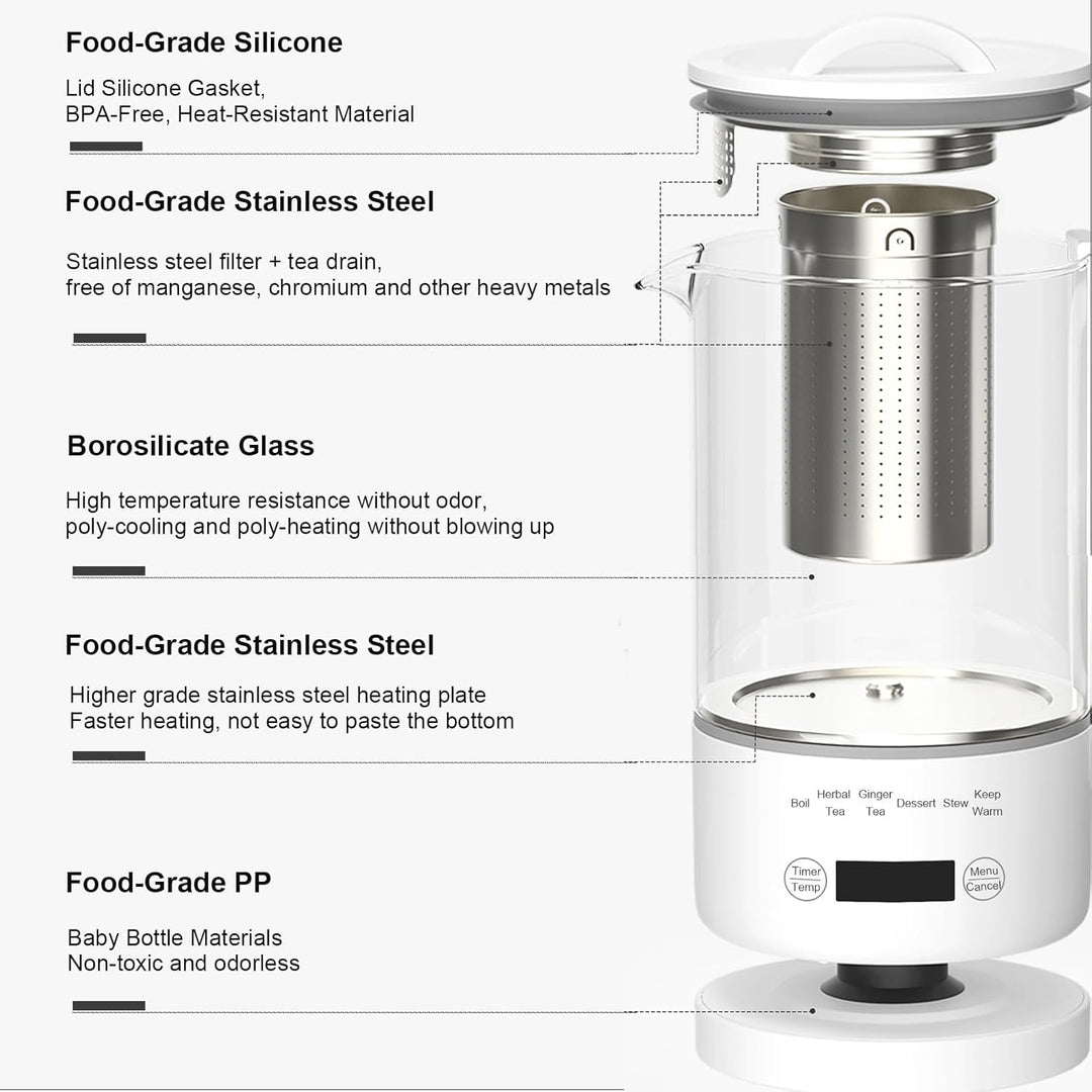 Glas Elektrisch Wasserkocher 0,6L 500W, 40-75°C Einstellbare Temperatur, 24-Stunden-Timer, Touch-Bed