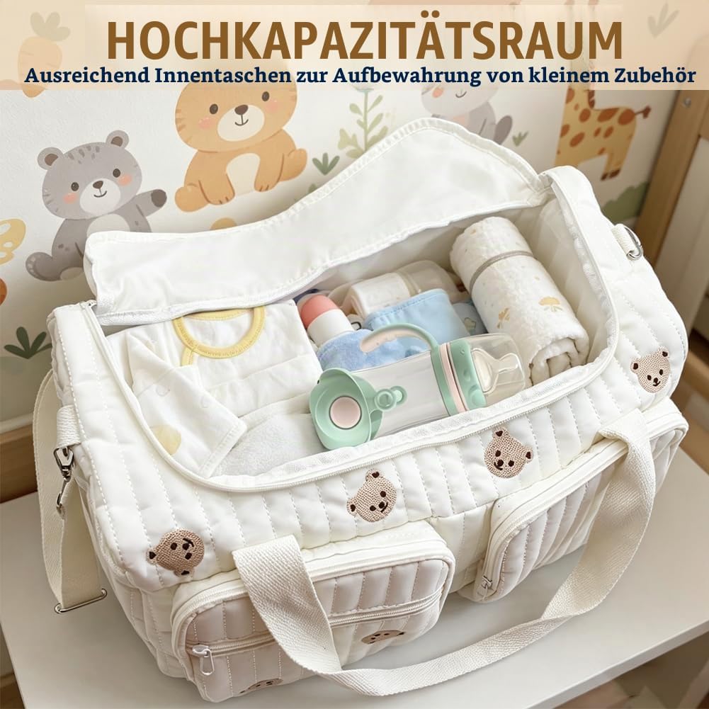 Grosse Wickeltasche Kliniktasche Geburt 48×22×26 cm – Baumwolle Baby Tasche mit Stickerei, Mama Tasc