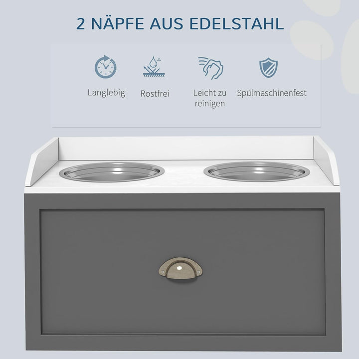 PawHut Hundenapf, 2 x 2L Futternapf, erhöhter Fressnapf mit Schublade, Edelstahlnapf, Futterstation