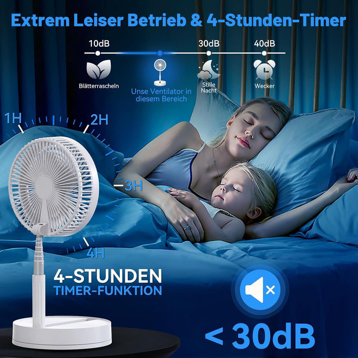 Leise Tragbarer Ventilator mit Fernbedienung - 8,6" Tisch und Stand Faltbarer Fan, 4 Modi/4 Std Time