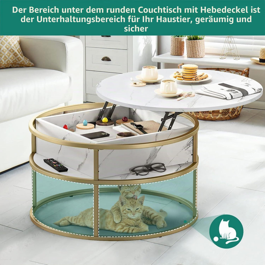 YITAHOME Couchtisch Rund mit Hebeplatte, Wohnzimmertisch mit verstecktem Ablagefach, Beistelltisch R