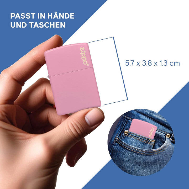ZIPPO - Pink Matte mit Logo - nachfüllbares Sturmfeuerzeug in hochwertiger Geschenkbox (Flammenmotiv