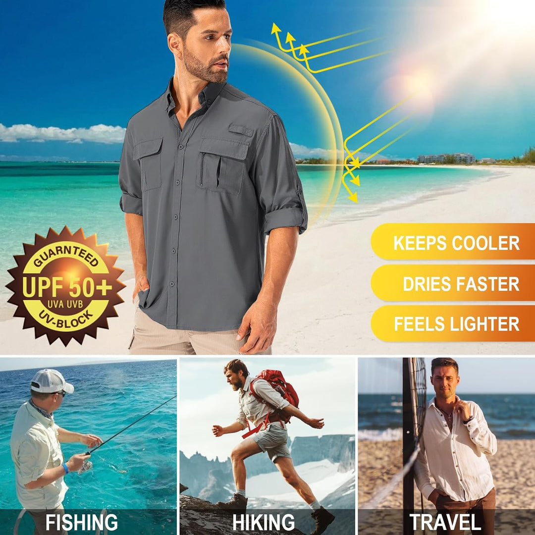 Hemd Herren Safari UPF50+ UV Schutz Wanderhemd Herren Langarm Funktionshemd Outdoorhemd Atmungsaktiv