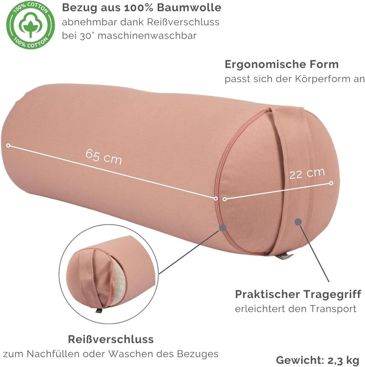 Bodhi Yoga Bolster | ECO Serie | Yogarolle mit Kapok-Füllung | Waschbarer Bezug aus 100% Bio-Baumwol