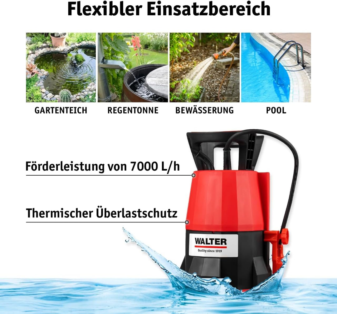 WALTER Klarwasser Tauchpumpe 400 W – 7000 L/h, 7 m Tauchtiefe, Flachsaugend (5 mm) – Schwimmschalter