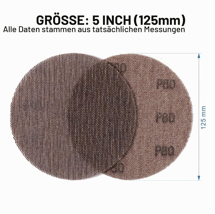 UPWOOD Schleifgitter 50 Stück 125mm Klett Körnung 80, Zum staubfreien Schleifen von Karosserie, Holz