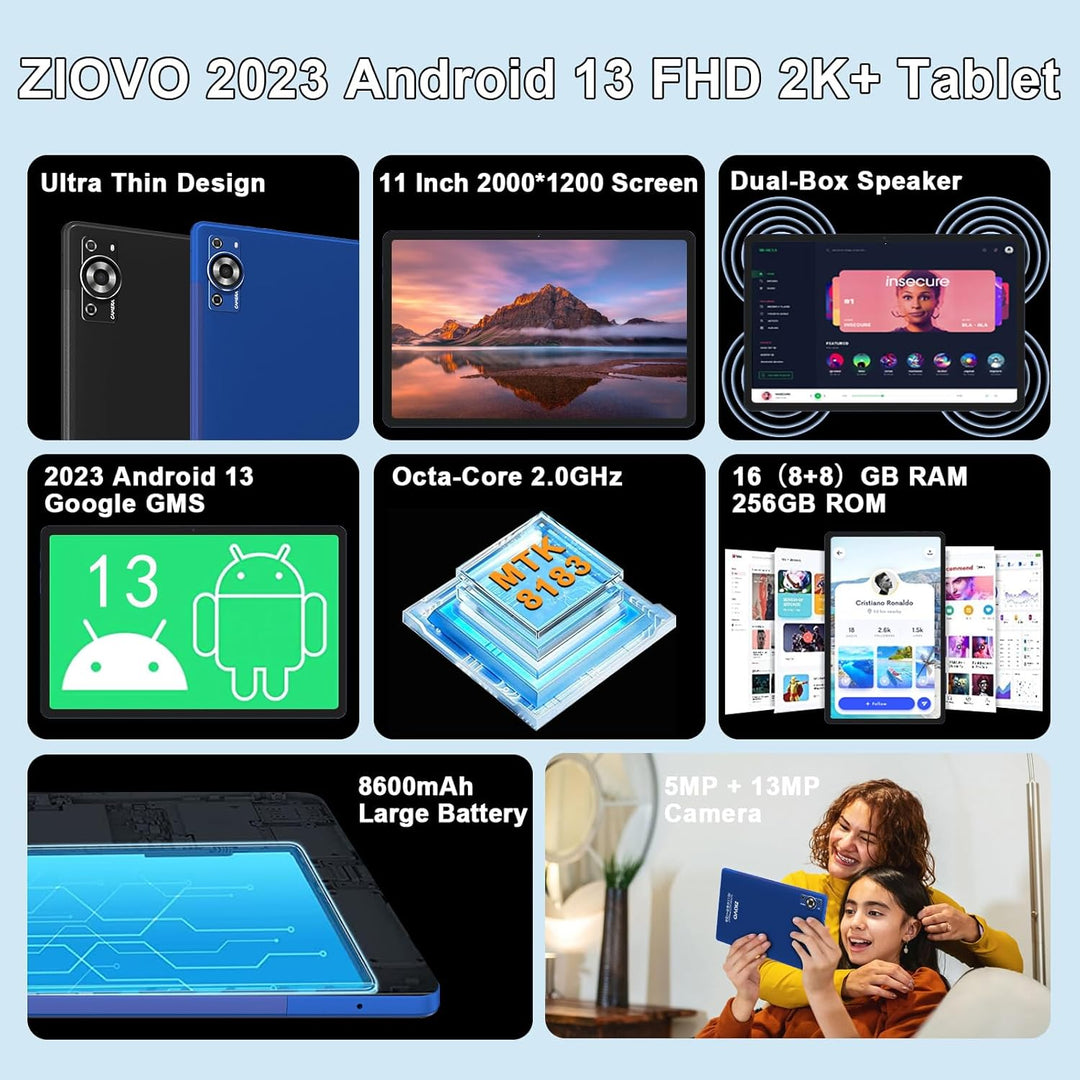 ZIOVO 2026 Tablet 11 Zoll Android 13 mit 16GB RAM+256GB ROM/TF 2TB, FHD 2000 * 1200, Octa-Core 2.0 G