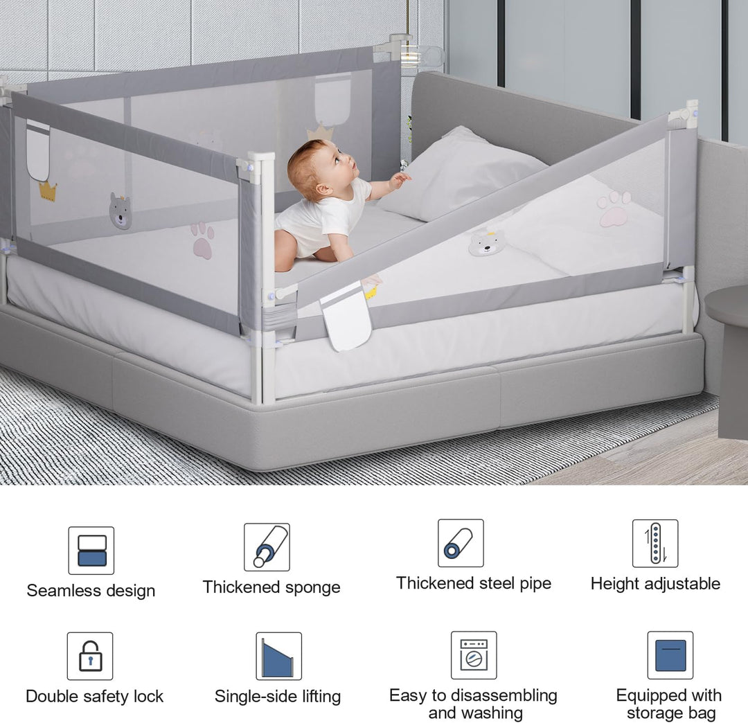 Eulenke Bettgitter, 2X 180cm und 1x 150cm Bettschutzgitter für Kinderbett, Höhenverstellbar von 70-9