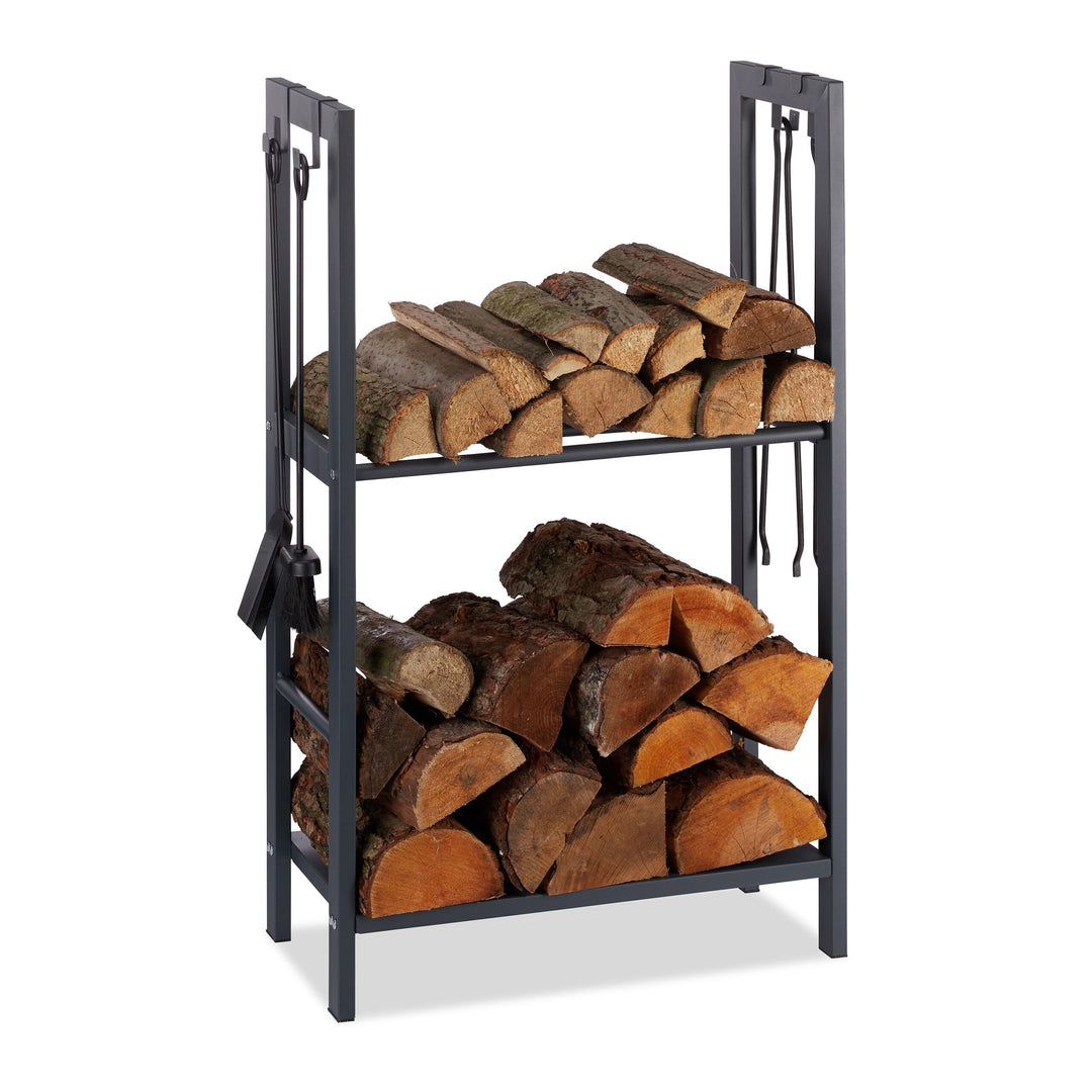 Relaxdays, anthrazit Kaminholzregal mit 2 Ablagen, aus Stahl, 4 Haken für Kaminbesteck, Brennholzreg