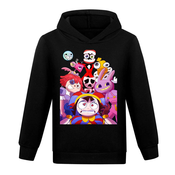 Kapuzen-Sweatshirt für Mädchen, digitaler Zirkus, violett, rosa, Cartoon-Grafik-Design, lässiger Pul