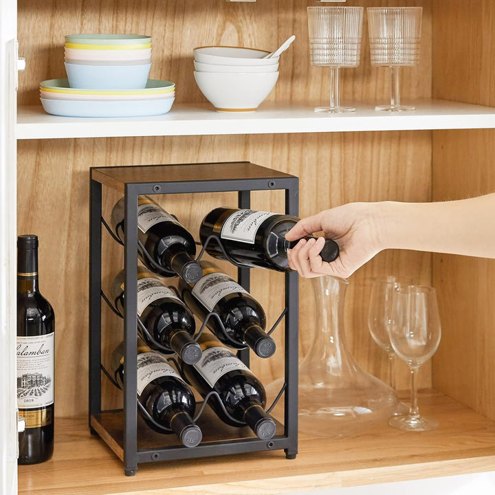 IBUYKE Rustikales Weinregal aus Holz, 3 Etagen, für 6 Flaschen, freistehend, Weinflaschenhalter, Stä
