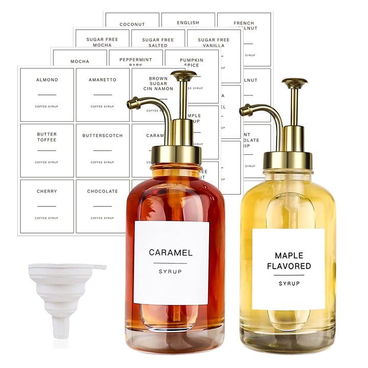 2 Stück Kaffee Sirup Spender Glas Set mit 36 Etiketten, Kaffee-Pumpenspender, Minimalistische Glas