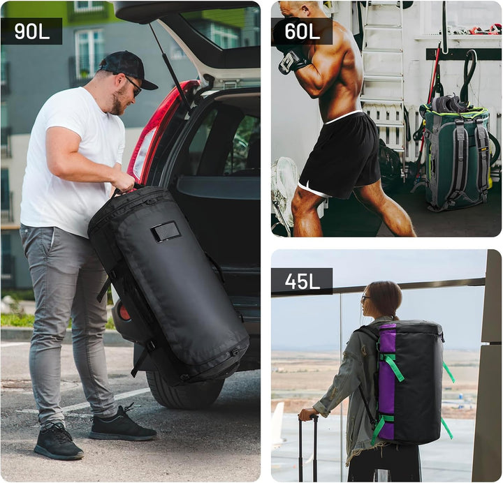 MIER Grosse Sporttasche wasserdicht Sportrucksack mit Schuhfach umwandelbar in Rucksack, 45L/60L/90L