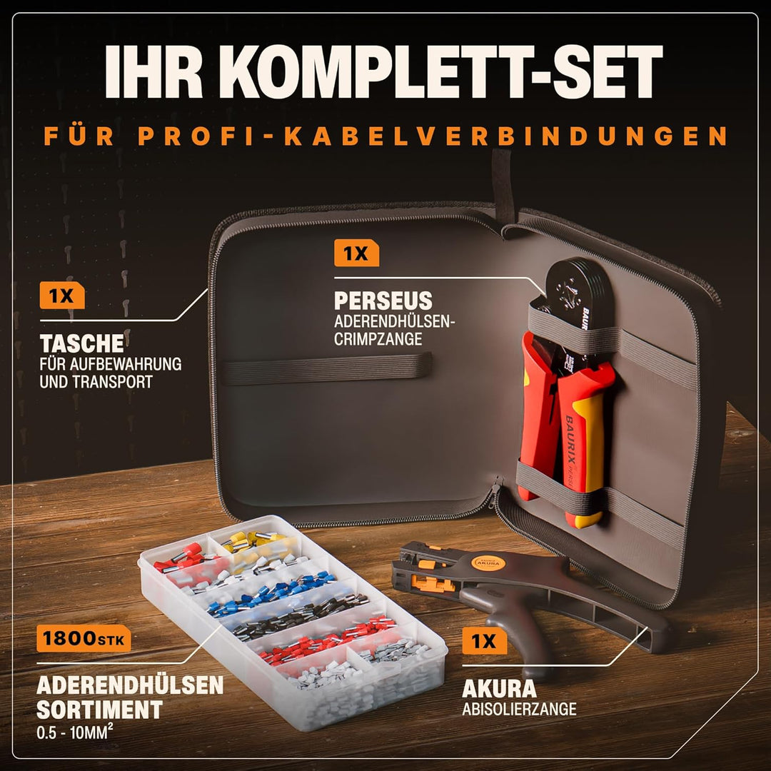 BAURIX® Crimpzange Set mit 1800 Aderendhülsen Set und Abisolierzange I Aderendhülsenzange selbsteins