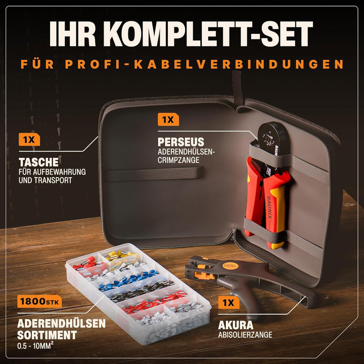 BAURIX® Crimpzange Set mit 1800 Aderendhülsen Set und Abisolierzange I Aderendhülsenzange selbsteins