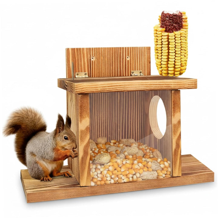Eichhörnchen-Futterspender für den Aussenbereich, Klappdeckel-Eichhörnchenbox aus Holz mit klarem Fe