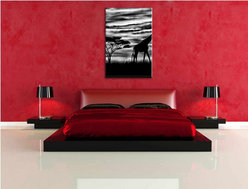 Pixxprint Monocrome, Afrika Giraffen im Sonnenuntergang, Format: 100x70 auf Leinwand, XXL riesige Bi