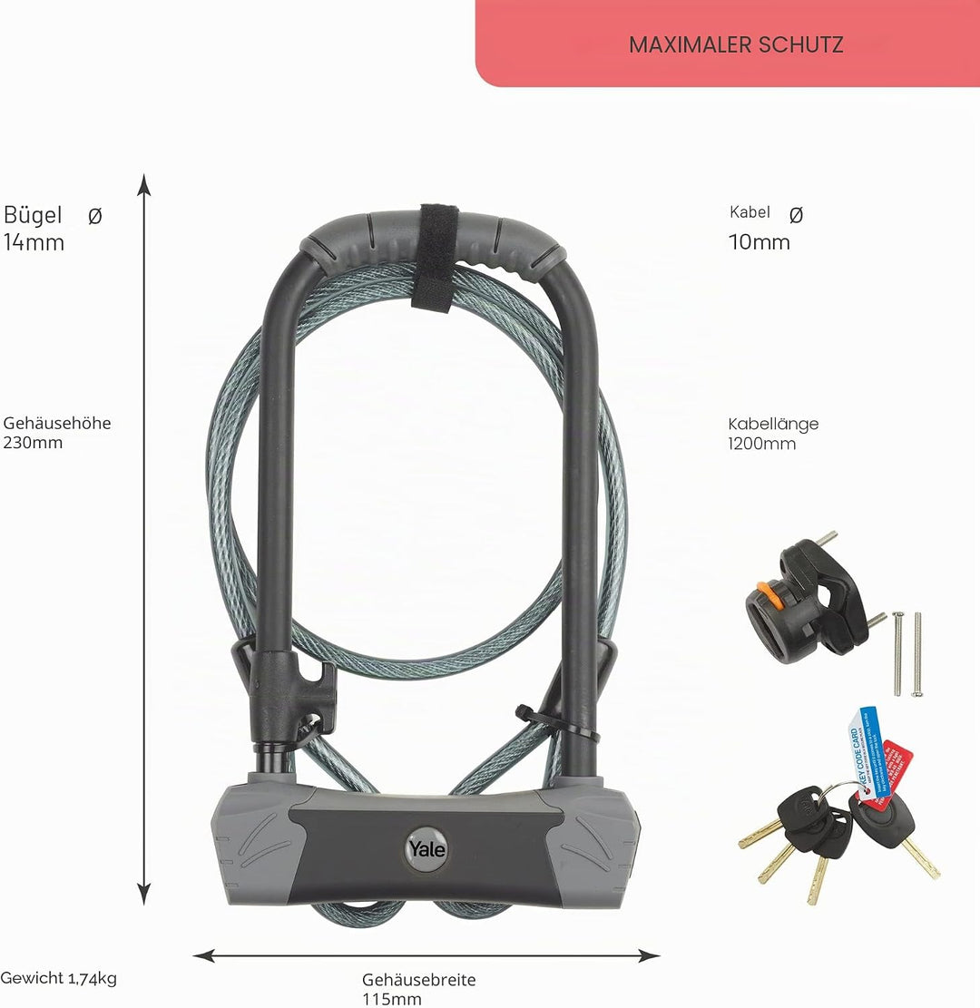 Yale Max Security Bügelschloss mit Kabel - YUL3C/14/230/1 - 230 mm - Ultra gehärteter Bügel und Cros