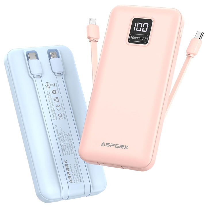 AsperX 2er Powerbank 10000mAh mit USB-C Kabel,4 Ausgängen Schnellladen,Power Bank Klein Aber Stark m