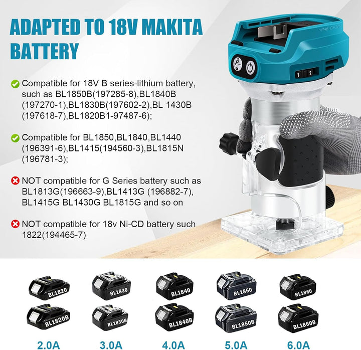 Akku Oberfräse kompatibel mit Makita 18V Akku, 1300W Oberfräse Trimmer Einhandfräse, Bürstenloser Ka