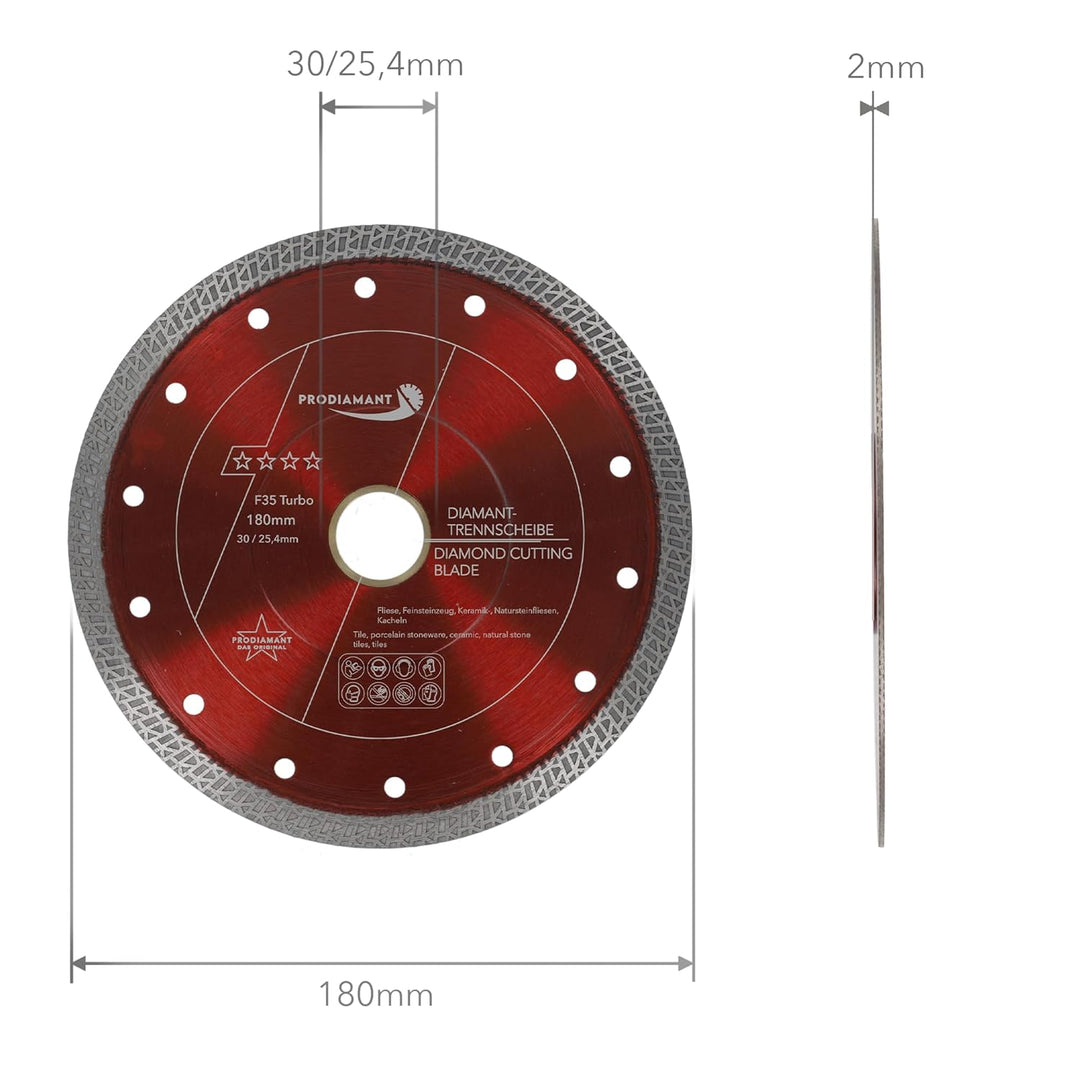 PRODIAMANT Diamanttrennscheibe Fliese Feinsteinzeug 180mm x 30 mit Ring 25,4 mm Fliesenscheibe für T