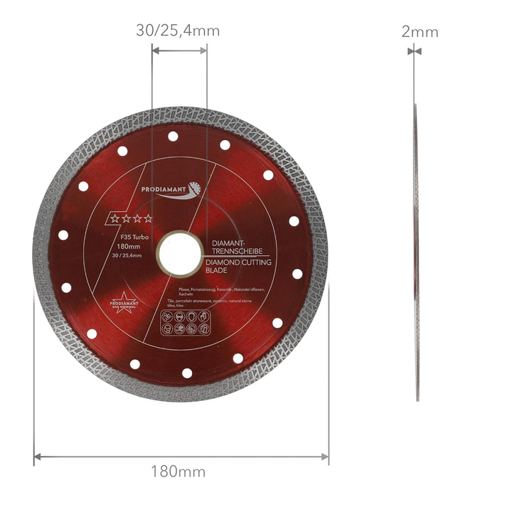 PRODIAMANT Diamanttrennscheibe Fliese Feinsteinzeug 180mm x 30 mit Ring 25,4 mm Fliesenscheibe für T