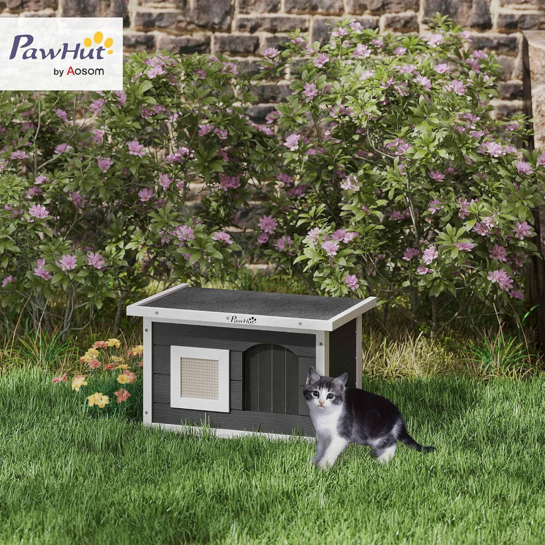 PawHut Katzenhaus aus Holz wasserdicht Katzenhütte mit klappbar Asphaltdach Kratzmatte herausnehmbar