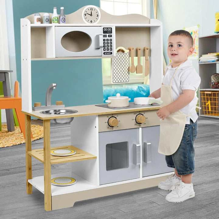 LARS360 Kinderküche Holz mit umfangreichem Zubehör - Enthält Mikrowelle, Backofen, Spüle, Kochutensi