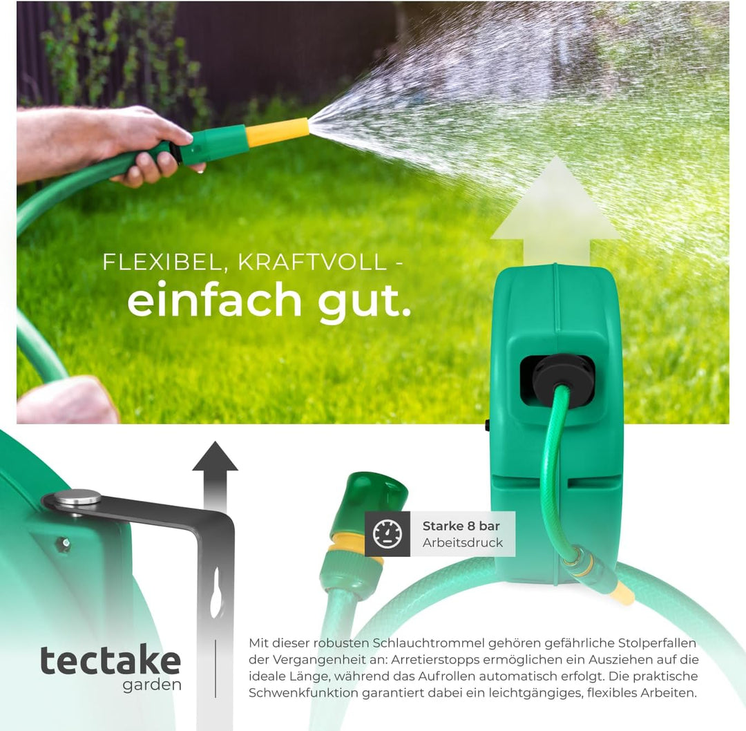tectake® Schlauchtrommel Wandmontage, Gartenschlauch 1/2 Zoll, Wasserschlauch Aufroller, Schlauch Tr