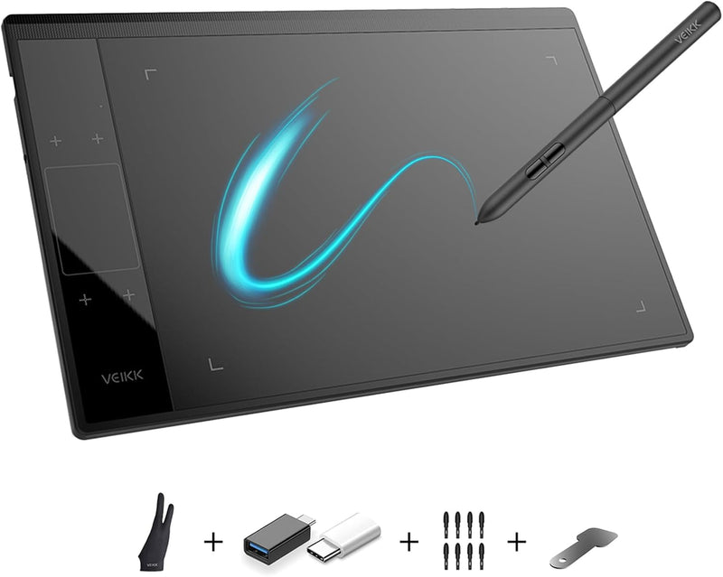 Grafiktablett VEIKK A30 V2 mit 4 Sensortasten und einem Gestenpad, 10x6 Zoll Pen Tablet mit Batterie