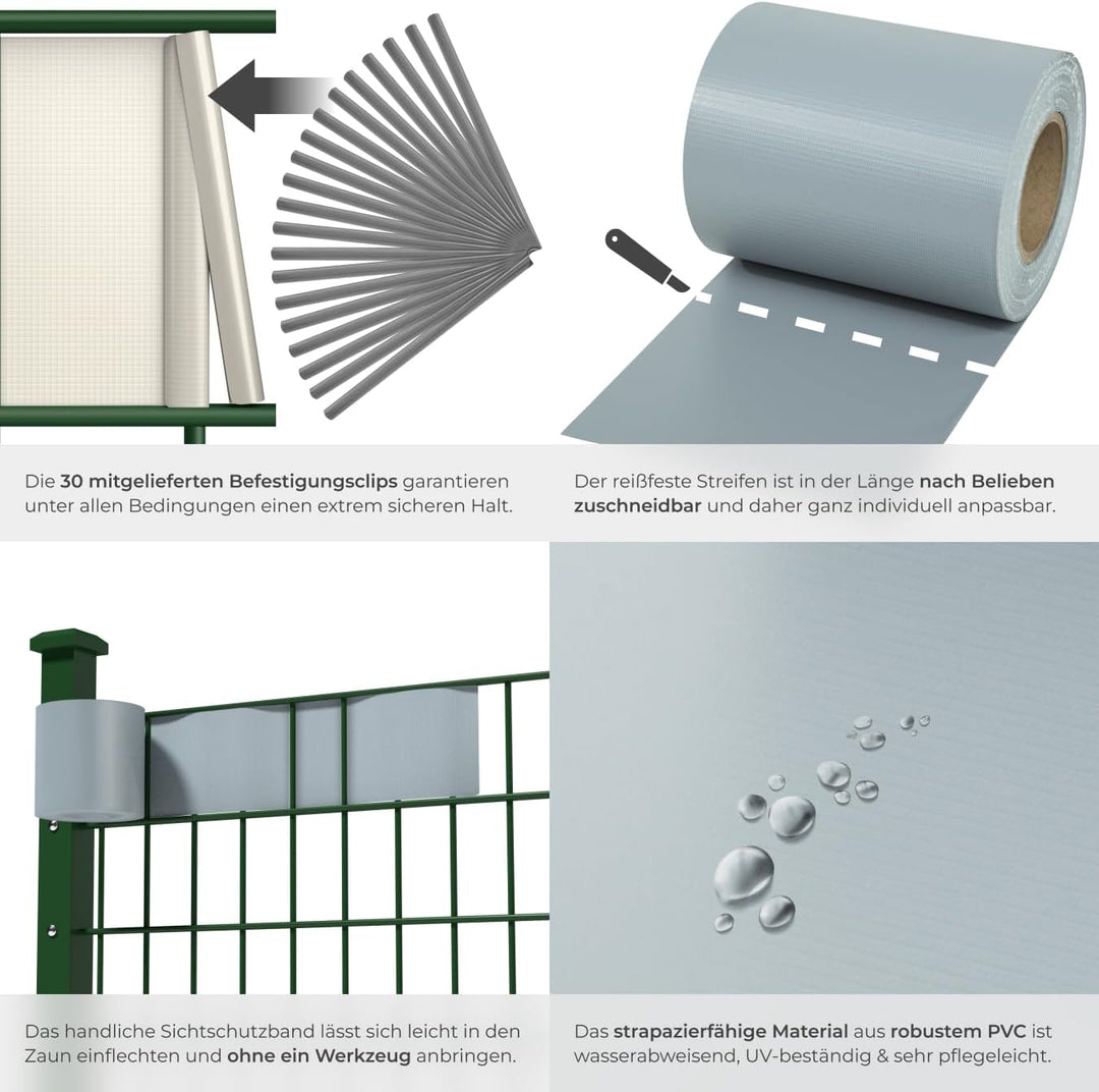 TecTake PVC Sichtschutzfolie Sichtschutzstreifen inkl. Befestigungsclips 450g/m² - Diverse Modelle -