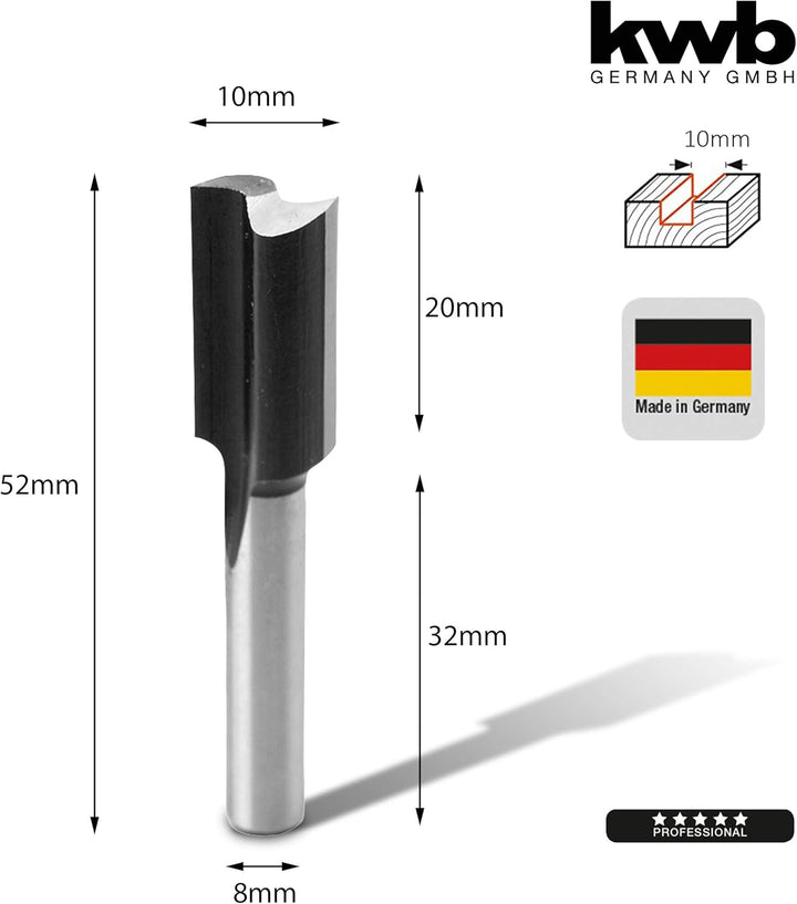 KWB HSS Nut-Fräser Professional (für Holz, Ø 10mm, Arbeitslänge 20mm, Schaft 8mm, Made in Germany, p