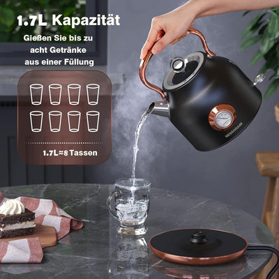 NESSGRAIM Retro Wasserkocher, 1,7 l Edelstahl-Teekessel mit Grosser Temperaturanzeige, 2200W Schnell