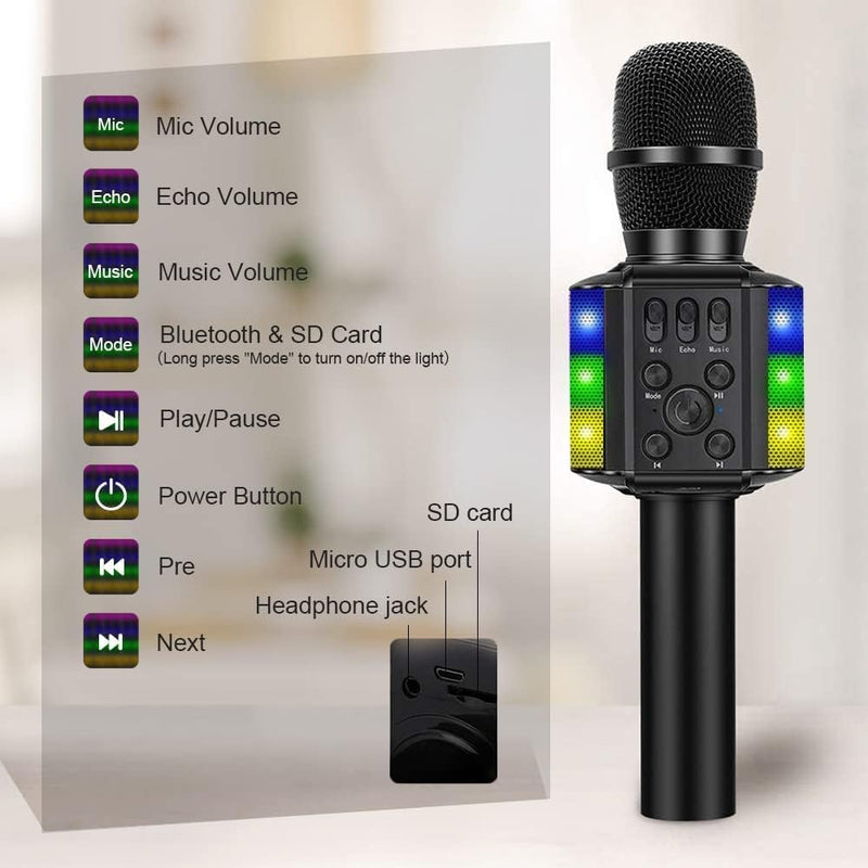 BONAOK Karaoke Mikrofon Led, 4-in-1 Bluetooth Mikrofon Karaoke, Tragbares KTV Microphone, Home Party