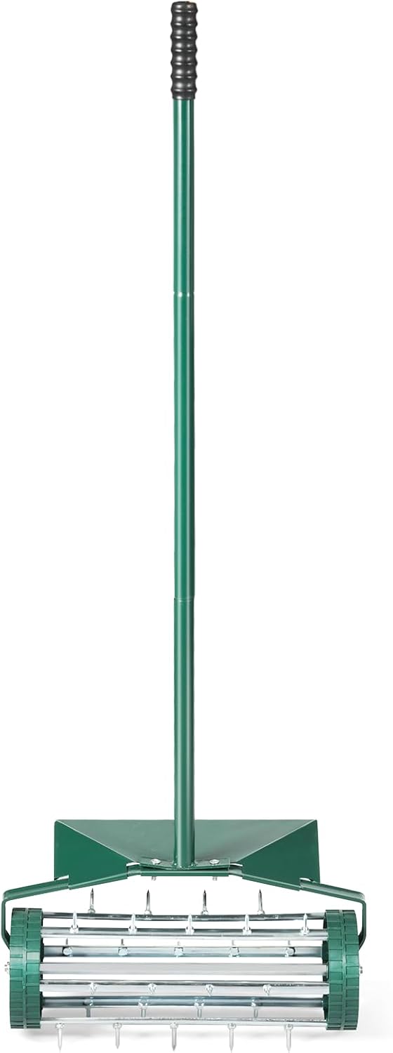 SOARS Rasenlüfter Walze, Rasenbelüfter mit 3cm Nägeln & Spritzschutz & Stiel, Handvertikutierer, Gar