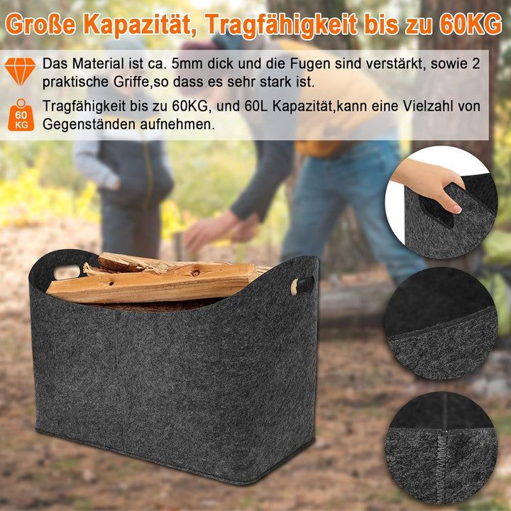 UISEBRT 2 Stück Kaminholztasche aus Filz Holzkorb XL Kaminholzkorb Holztasche mit verstärkten Griffe