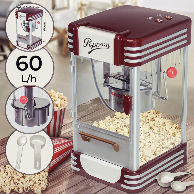 Jago® Popcornmaschine Retro - 60L/h, 200g/10min, Edelstahl Topf, für salziges Popcorn - 50er Jahre L