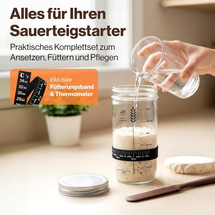 EDELHAUS Gärkörbchen Set 7-teilig zum Brotbacken, komplettes Sauerteig Brotbackset mit Sauerteig Gla