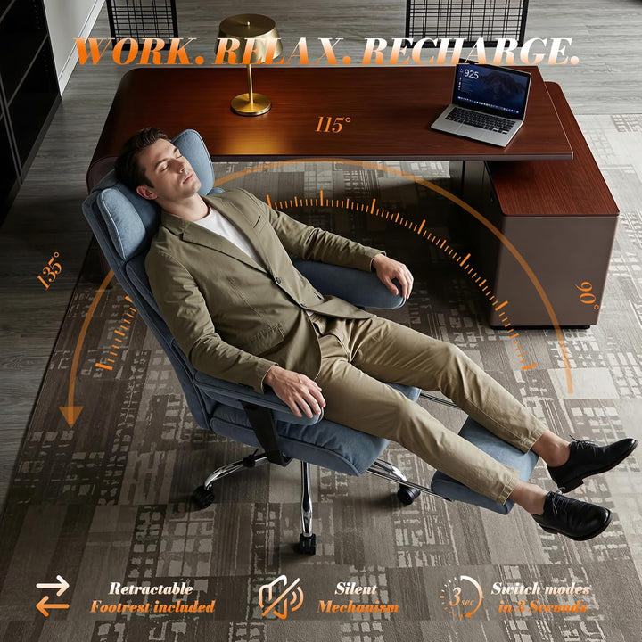 Efomao XXL Bürostuhl bis 200 kg, Schwerlast Stoff Chefsessel mit Fussstütze, Ergonomischer Computers