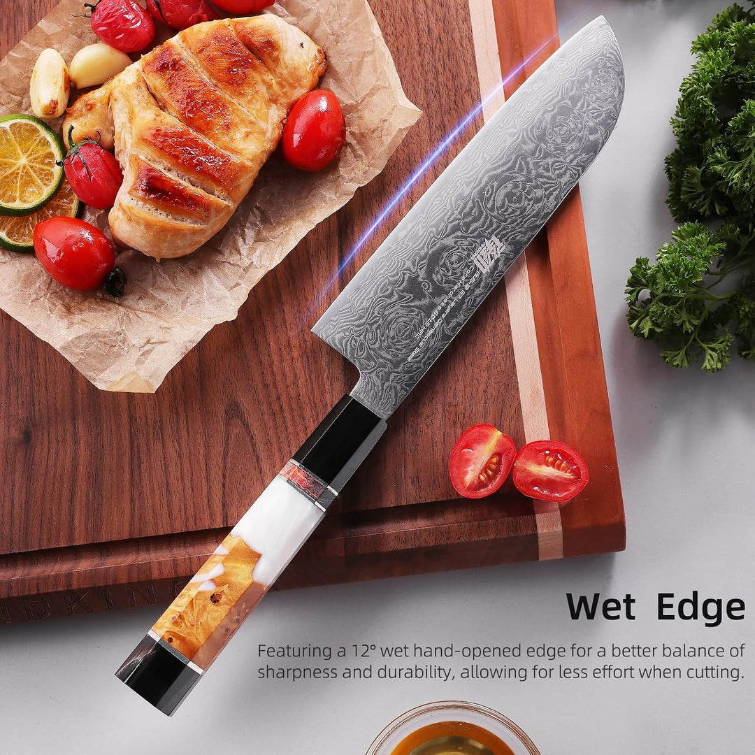 FINDKING 7-Zoll-Japanisches Santoku-Messer, Damastklinge Asiatisches Messer, Kochmesser für den tägl