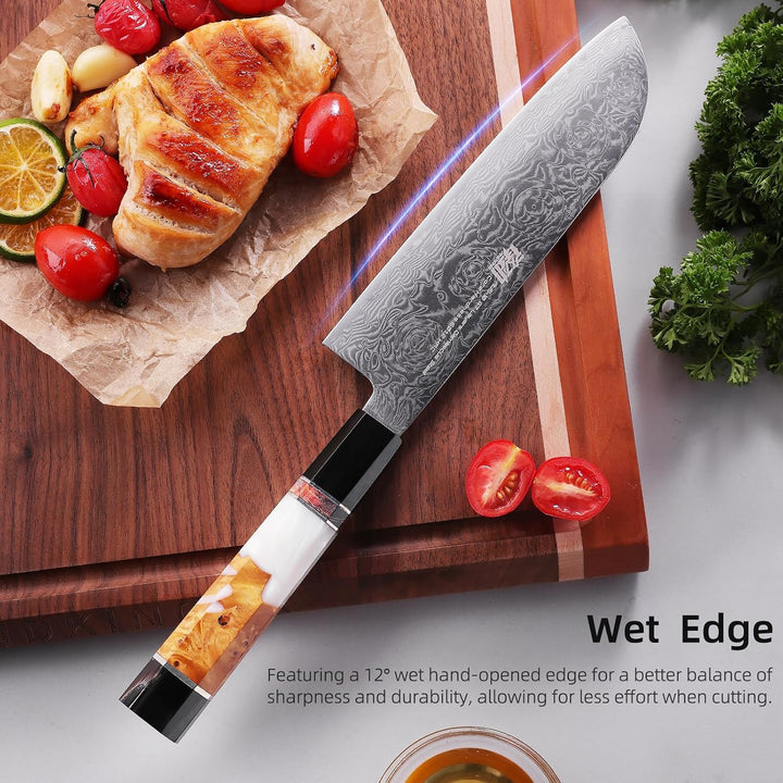 FINDKING 7-Zoll-Japanisches Santoku-Messer, Damastklinge Asiatisches Messer, Kochmesser für den tägl