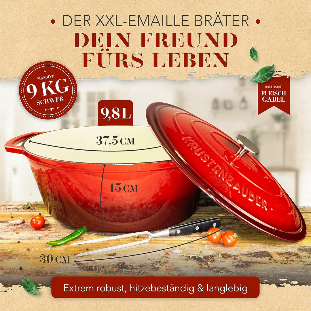 KRUSTENZAUBER 37,5cm Gusseisen Bräter mit Deckel backofengeeignet inkl. Fleischgabel - Grosser ca. 1